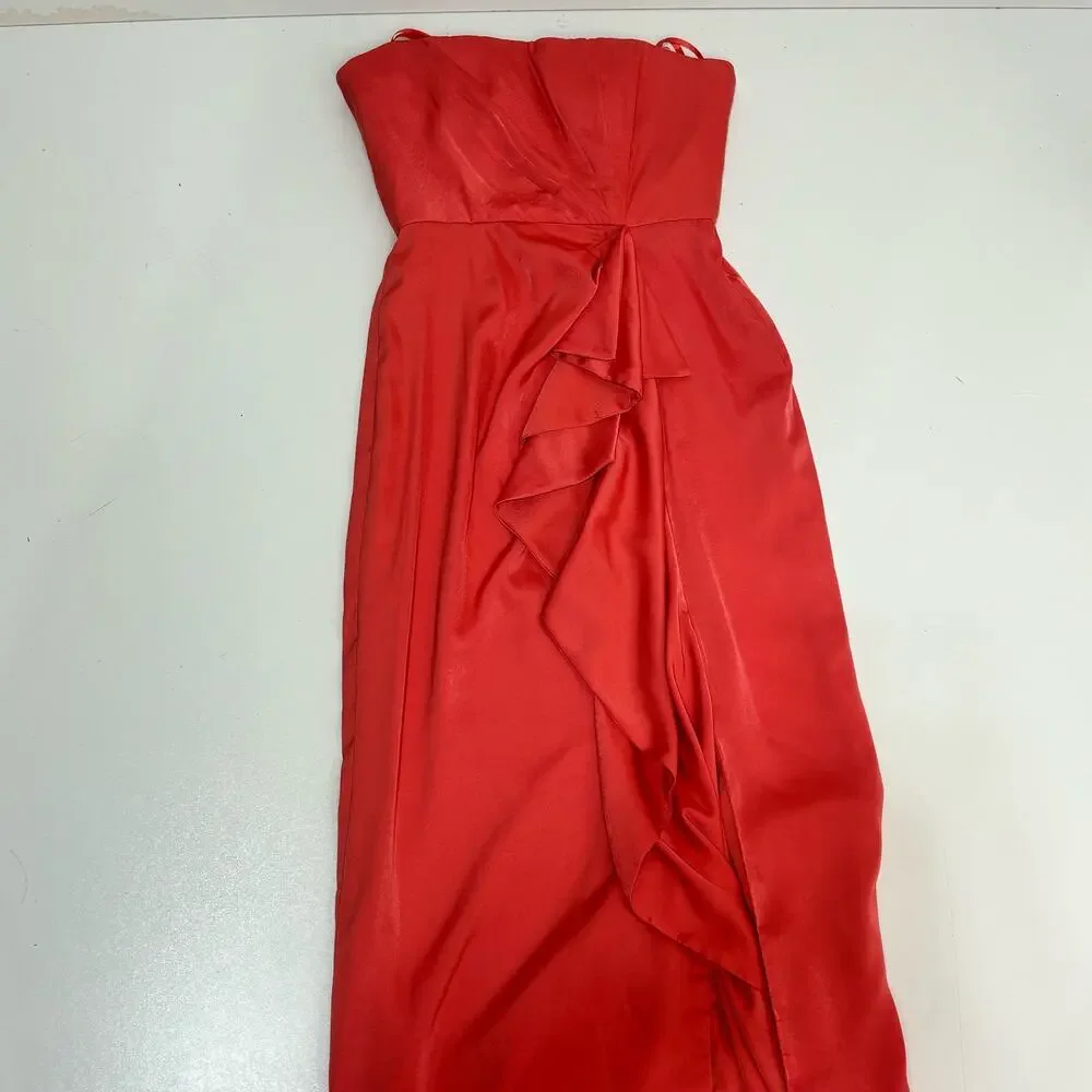 BCBG MaxAzria Ila Strapless Coral Satin Evening Dress Draped 0